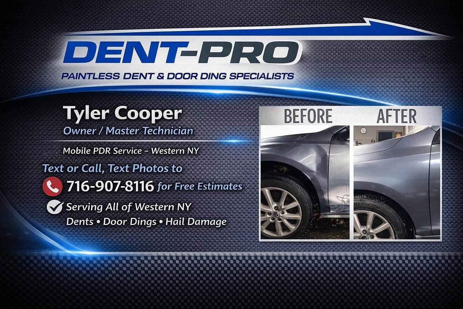Dent-Pro business card for Tyler Cooper, owner and master technician, mobile PDR service in Western NY