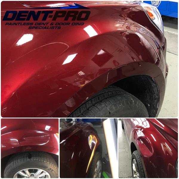 Before and after dent repair on a red Chevrolet Equinox fender