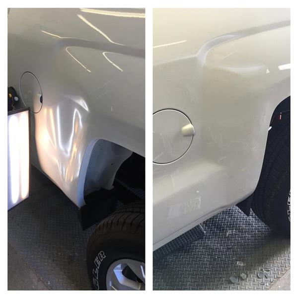 Before and after dent repair on a white 2015 Chevrolet Silverado