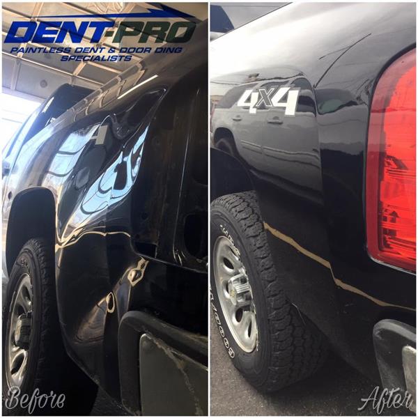 Before and after paintless dent repair on a black Chevrolet Silverado quarter panel