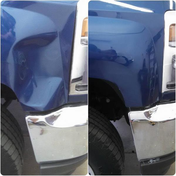 Before and after dent repair on a blue Chevrolet Silverado front fender