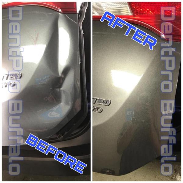 Before and after repair of a deep crease in a gray quarter panel