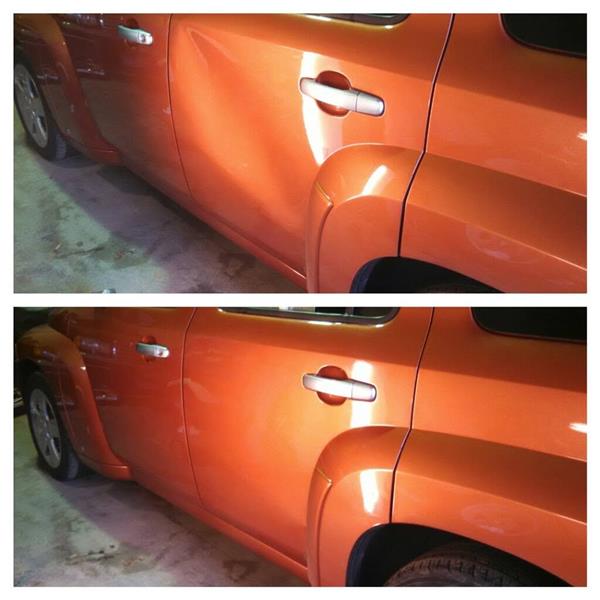 Before and after dent repair across the door and fender of an orange car