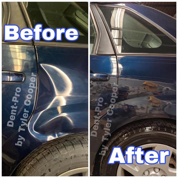 Before and after paintless dent repair on a blue sedan rear door