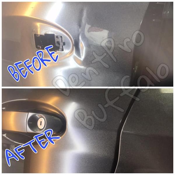 Before and after dent repair around a door handle
