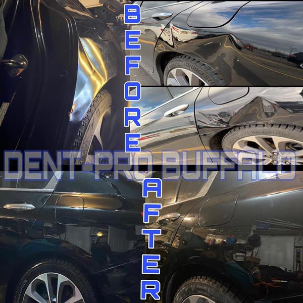 Before and after dent repair on the fender and door of a black SUV
