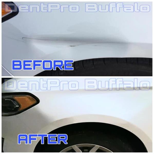 Before and after repair of a crease on a white front fender