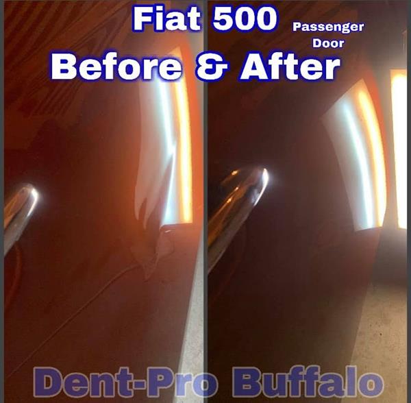 Before and after dent repair on a Fiat 500 passenger door under a PDR light
