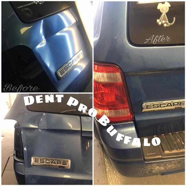 Before and after dent repair on a blue Ford Escape liftgate