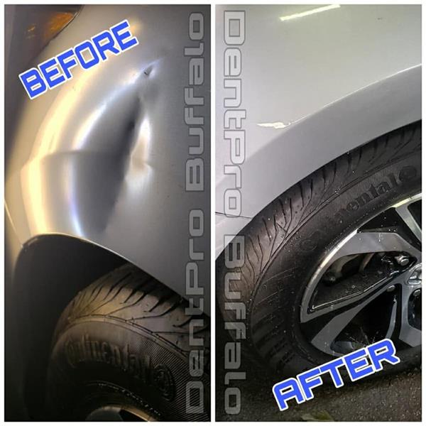 Before and after paintless dent repair on a silver front fender