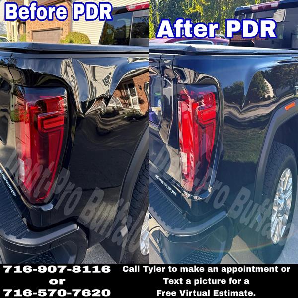 Before and after paintless dent repair on a black GMC pickup truck bedside