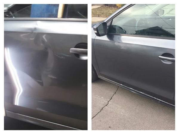Before and after repair of a severely kicked-in gray car door