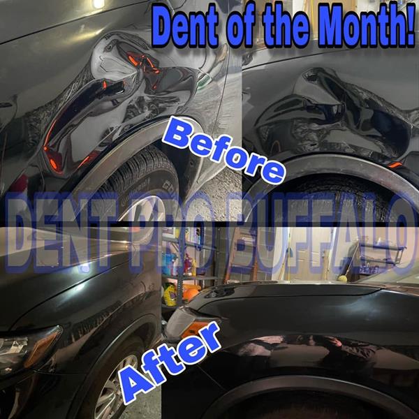 Before and after repair of a large dent on a black SUV before a lease return