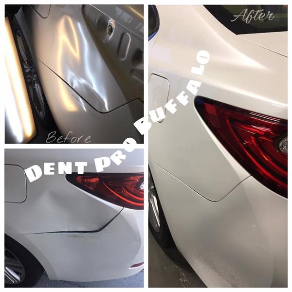 Before and after dent repair on a white Lexus rear quarter panel