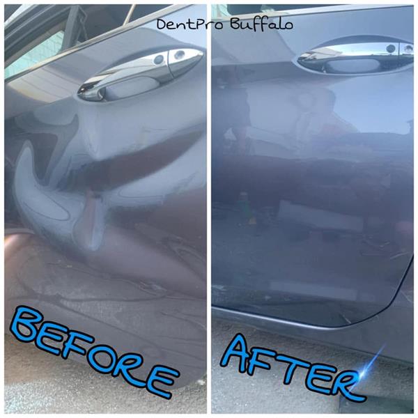 Before and after repair of a long crease across a gray door