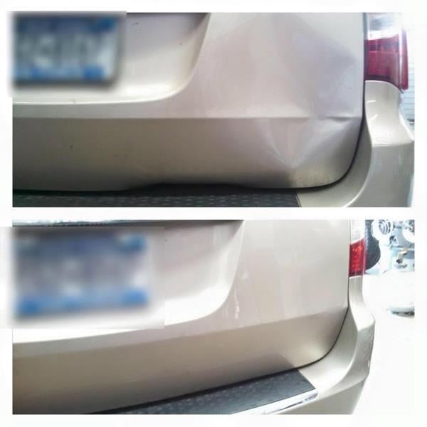 Before and after dent repair on a beige Chrysler Town and Country minivan liftgate