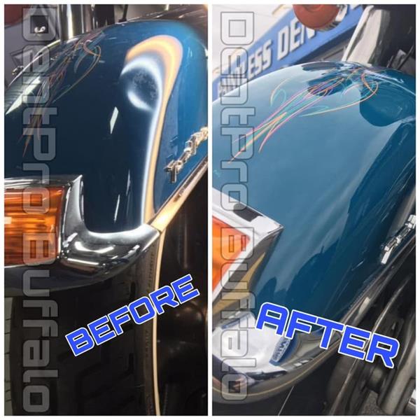 Before and after dent repair on a teal motorcycle fender