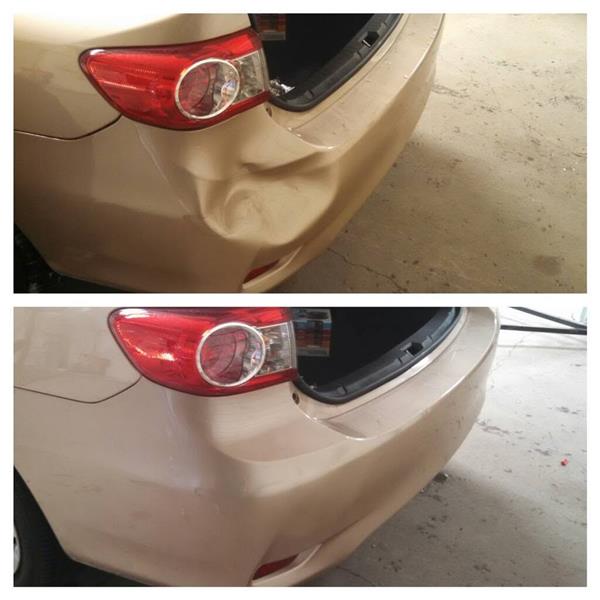 Before and after dent repair on a tan plastic rear bumper