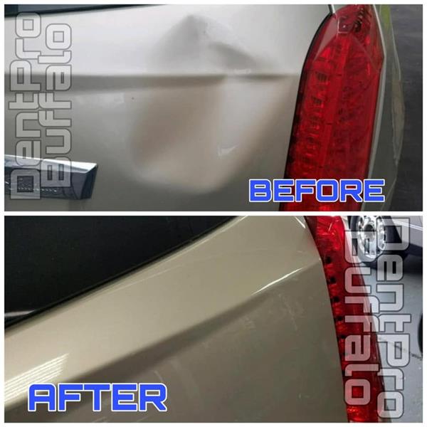 Before and after dent repair above the taillight of a champagne SUV
