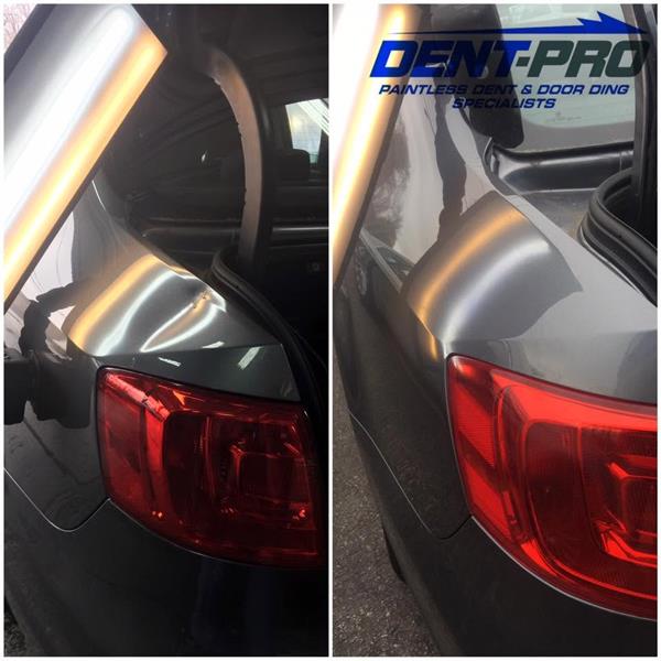 Before and after dent repair on a gray quarter panel next to the taillight