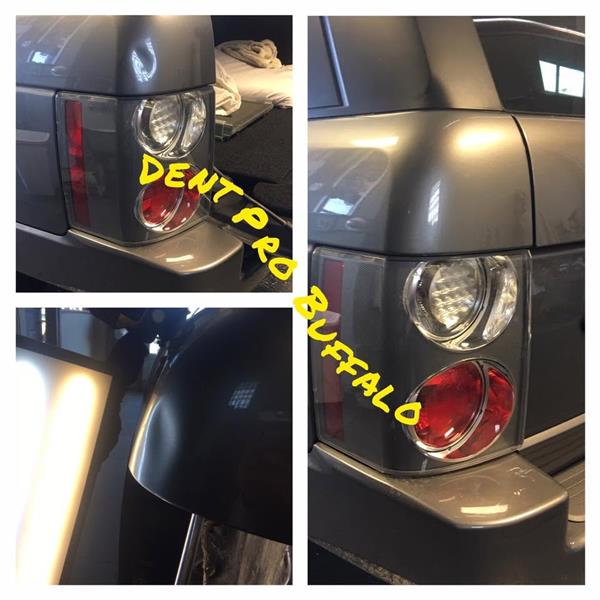 Before and after dent repair on the rear corner of a gray Range Rover