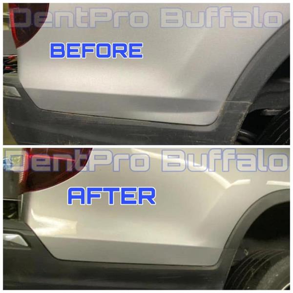 Before and after dent repair on the rear corner of a silver SUV