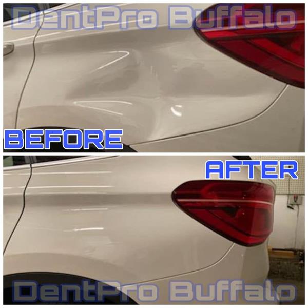 Before and after dent repair on a white SUV rear quarter panel