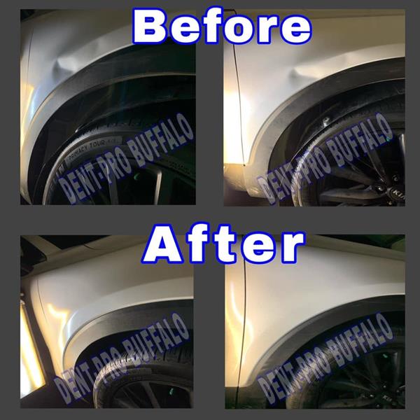 Before and after dent repair on a silver rear wheel arch