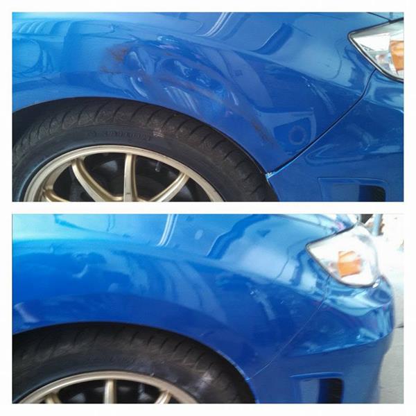 Before and after dent repair on a blue Subaru Impreza front fender