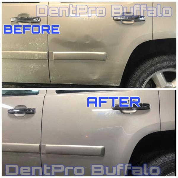 Before and after door ding repair on the side of a tan SUV