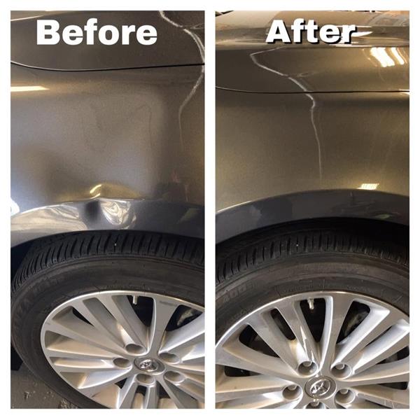 Before and after dent repair above the rear wheel of a Toyota Avalon