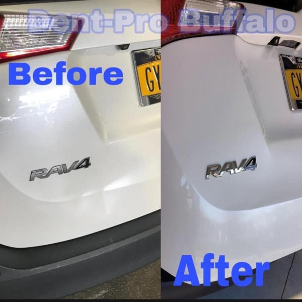 Before and after dent repair on a white Toyota RAV4 liftgate