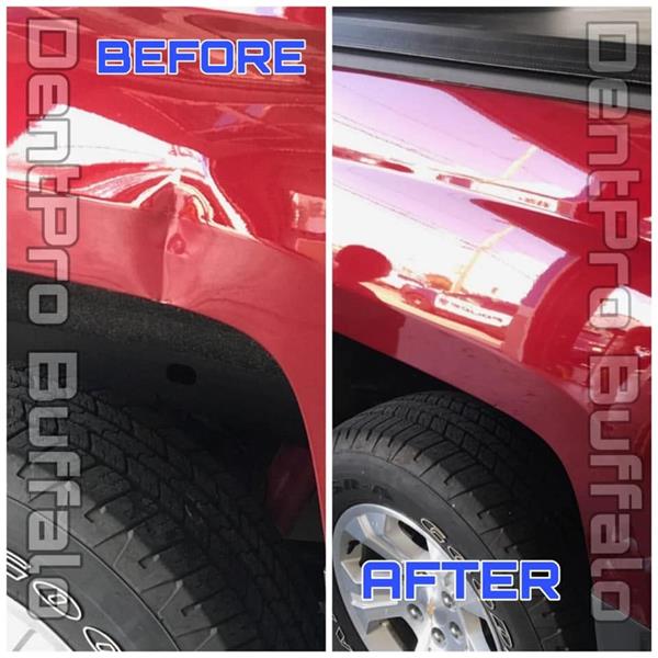 Before and after repair of a crease on a red truck fender